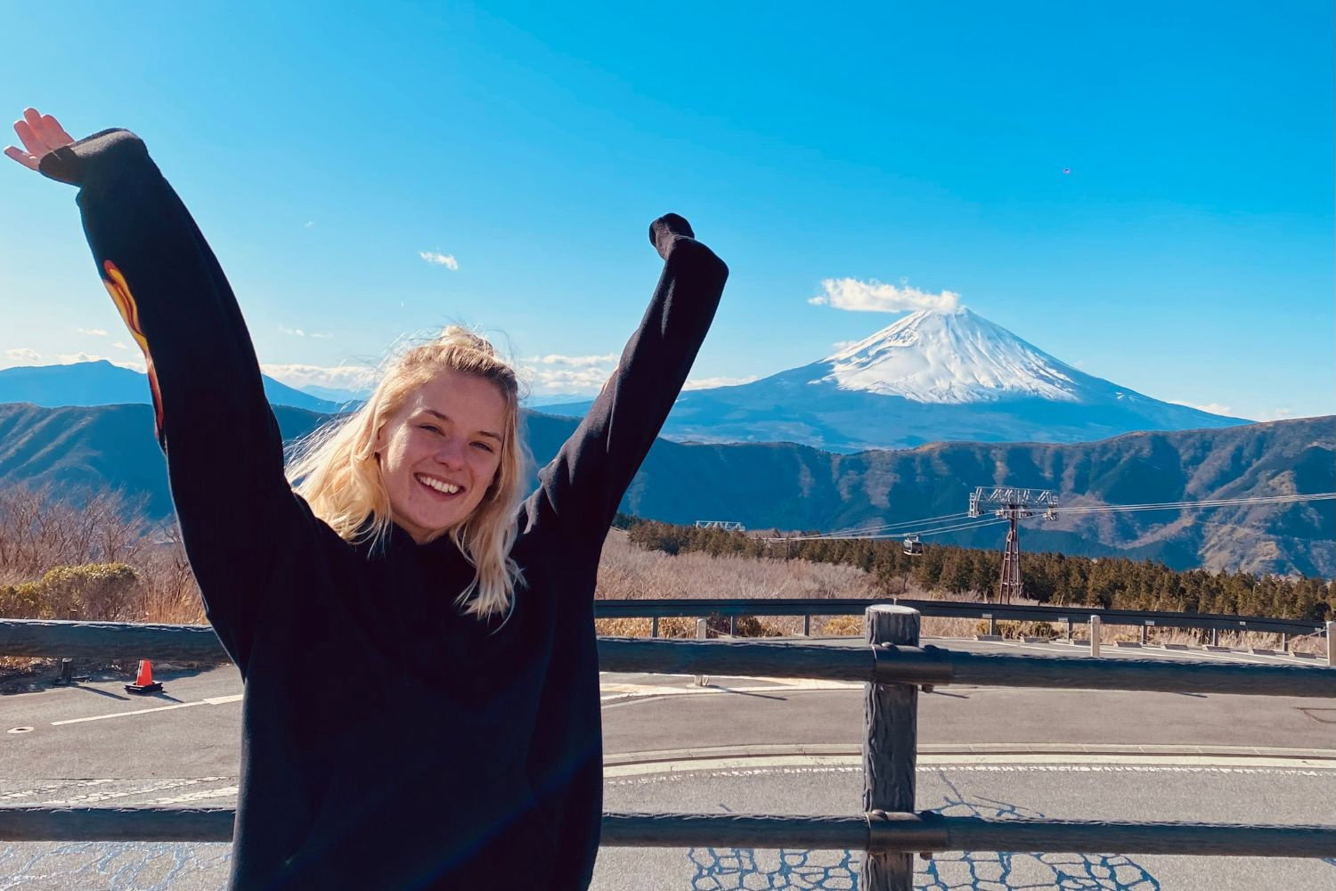 Traveller stood by view of Mount Fuji in Japan