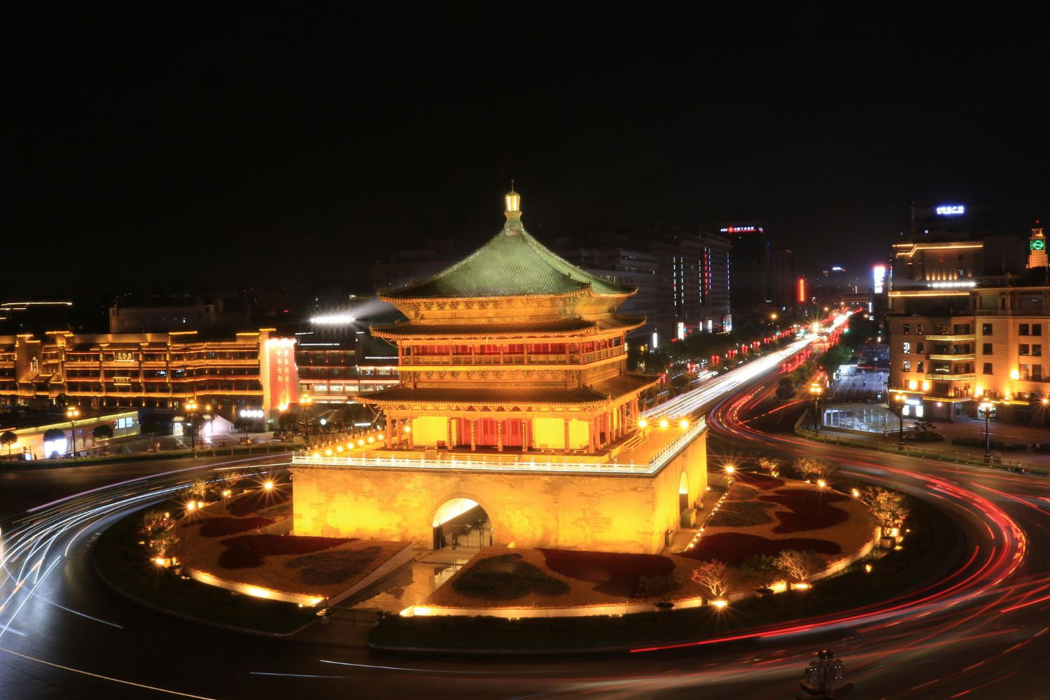 The city of Xi’an lit up at night time
