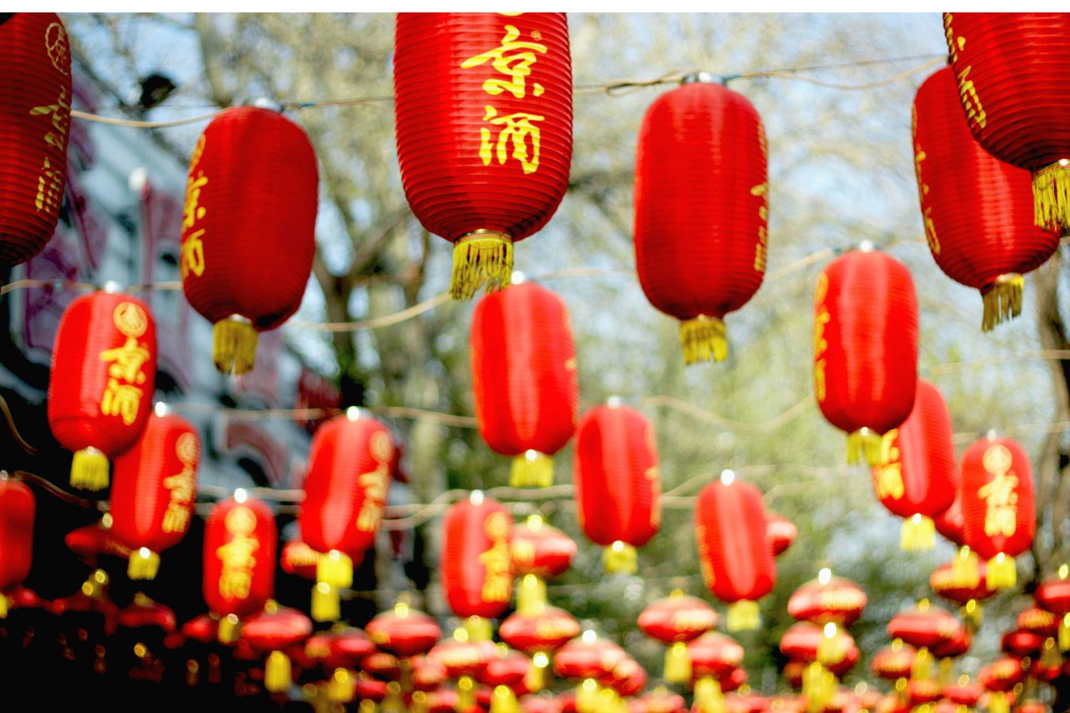 Red Chinese lanterns hanging above street in Beijing city