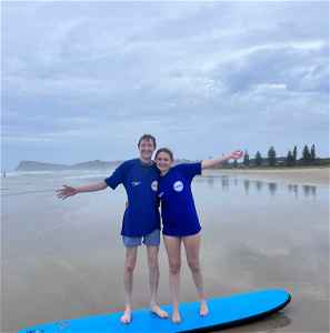 Lewis and Caitlin at Bryon Bay learning how to surf