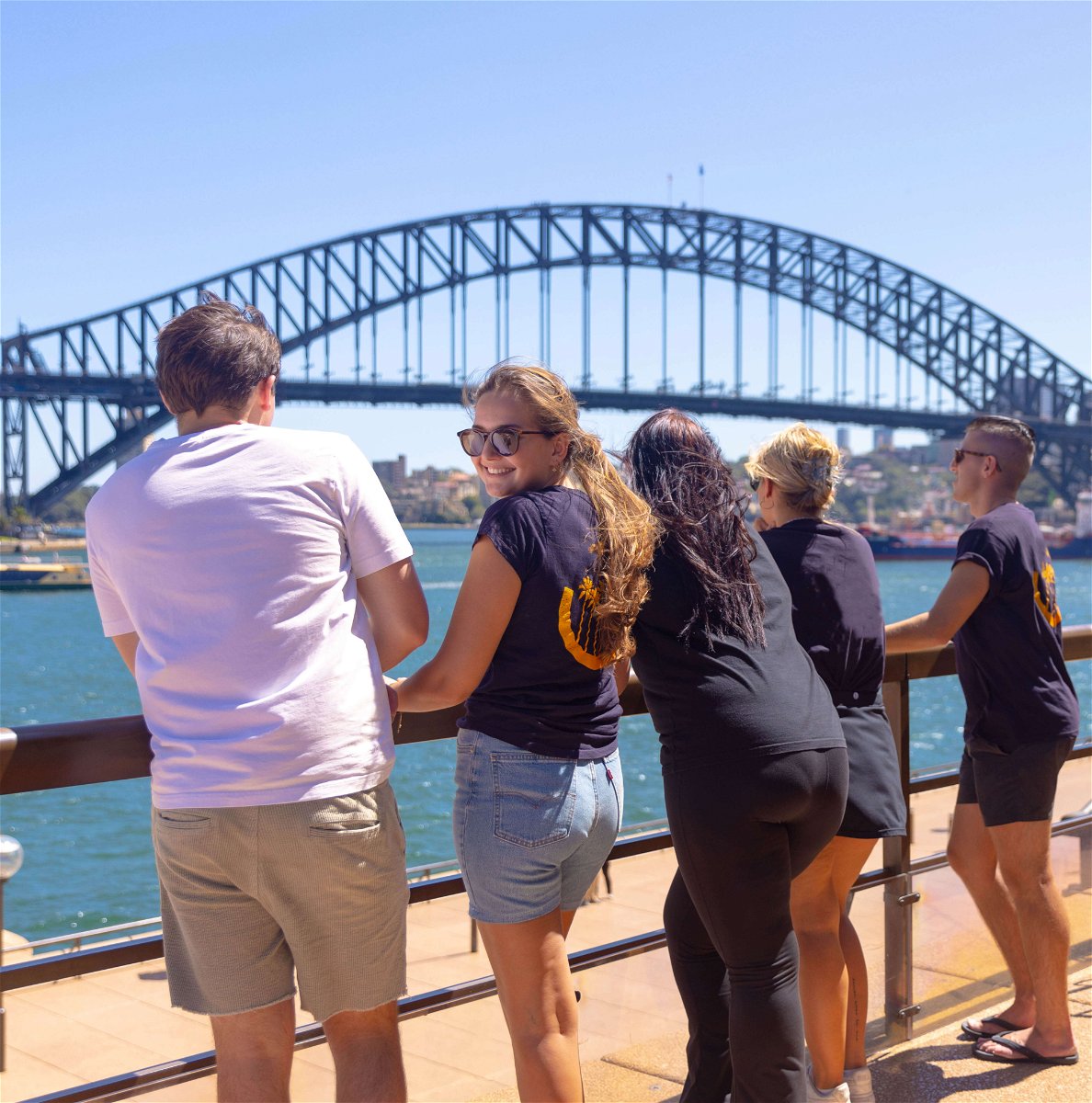 Group of travellers looking over Sydney Harbour Bridge 