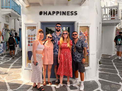 Group of travellers in Little Venice in Mykonos