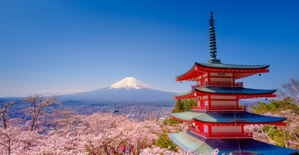 View of Mount Fuji and shrine from Arakurayama Sengen Park