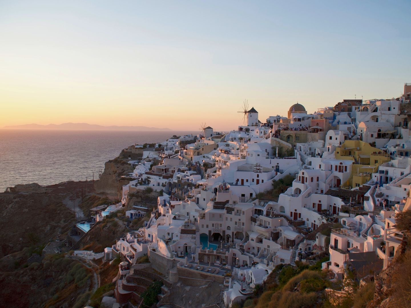 Sunset sky over view of Oia in Santorini, Greece 