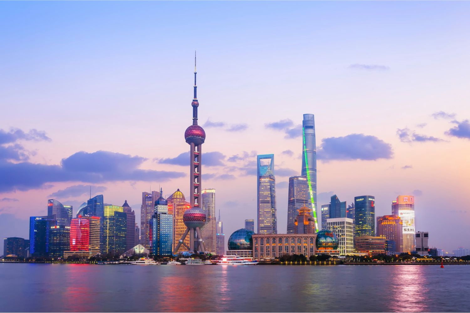 View of skyscrapers at night time in Shanghai city