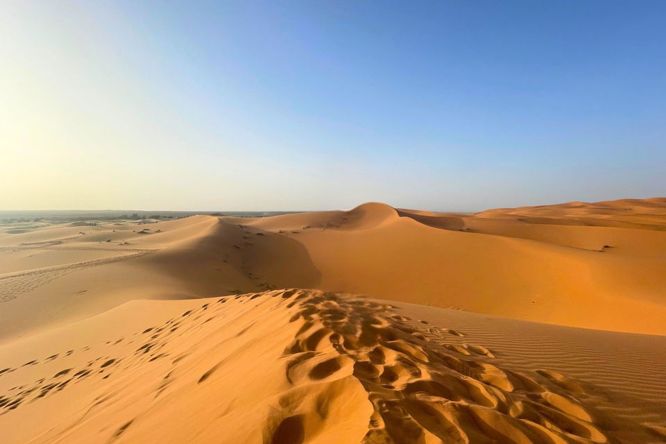 View of the golden sand dunes in the Sahara Desert in Morocco