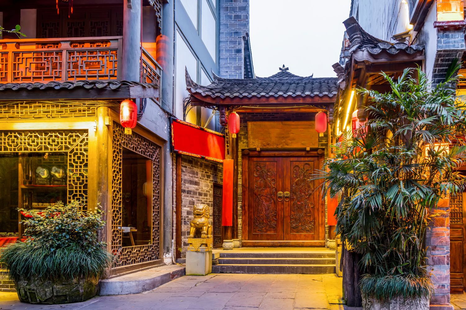 Building in Chengdu Ancient Town lite up with lanterns
