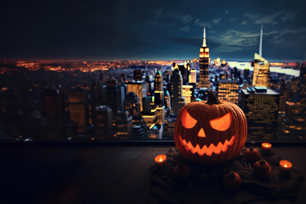 Carved pumpkin sat in front of view of New York City skyline