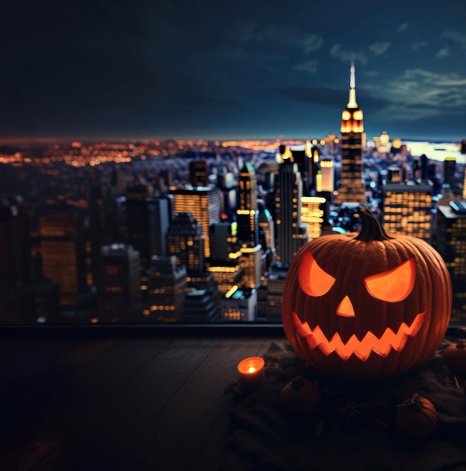 Carved pumpkin sat in front of view of New York City skyline