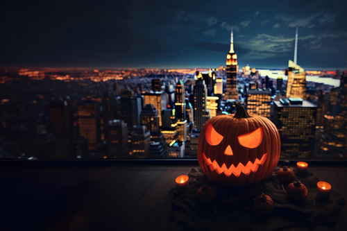 Carved pumpkin sat in front of view of New York City skyline