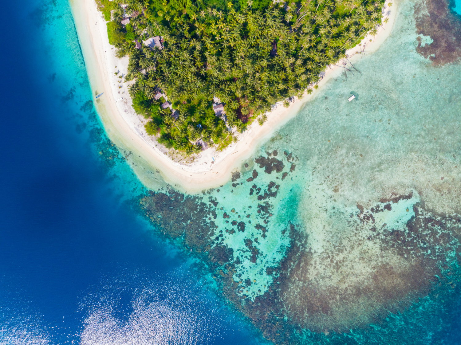 Aerial shot of sapphire ocean with coeal reefs and island with white sand beach curving around coast with jungle in centre