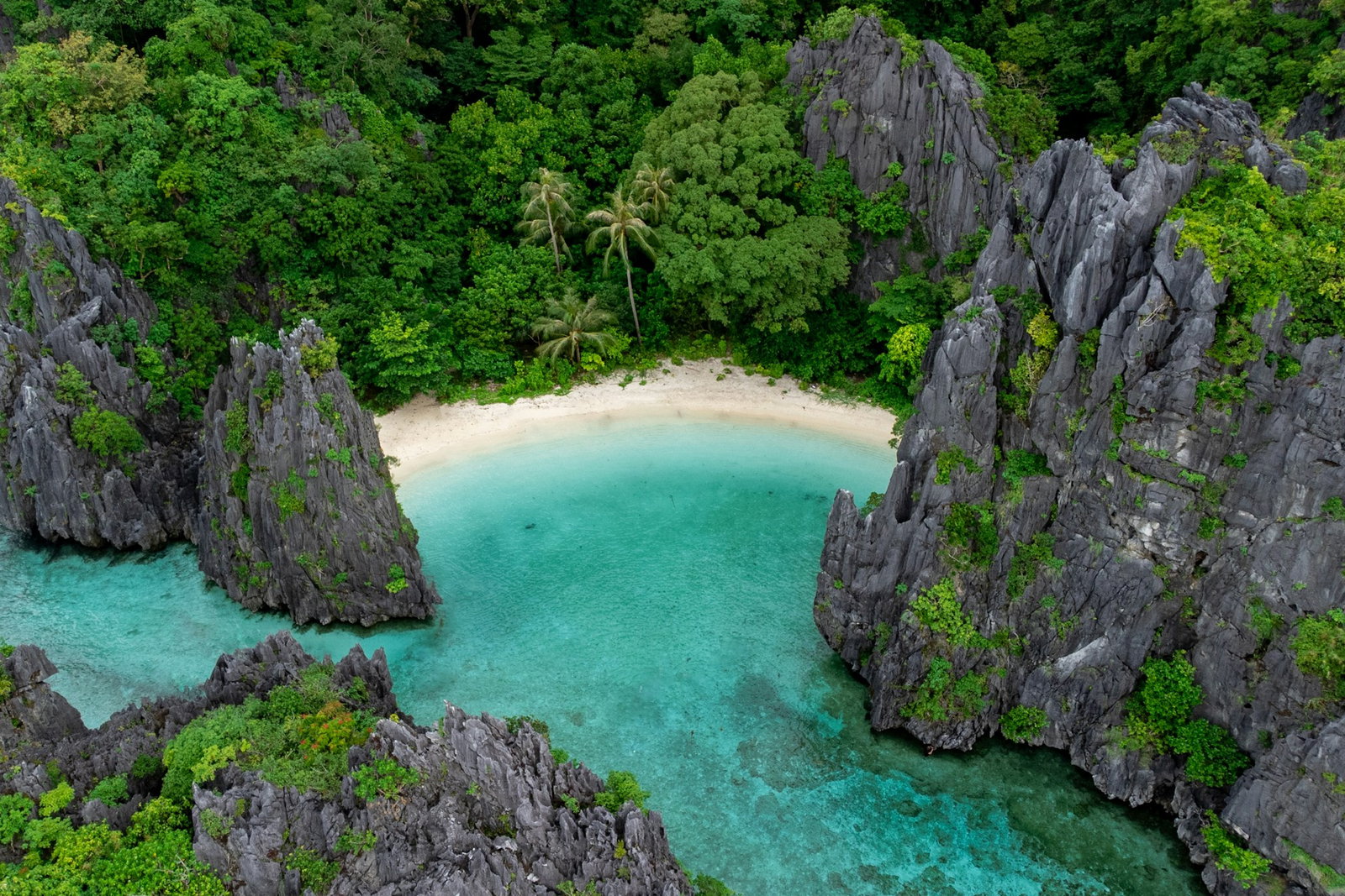 Aerial shot of sharp grey cliffs and lush dark green jungle hills with secret white sand beach and bright turquoise ocean