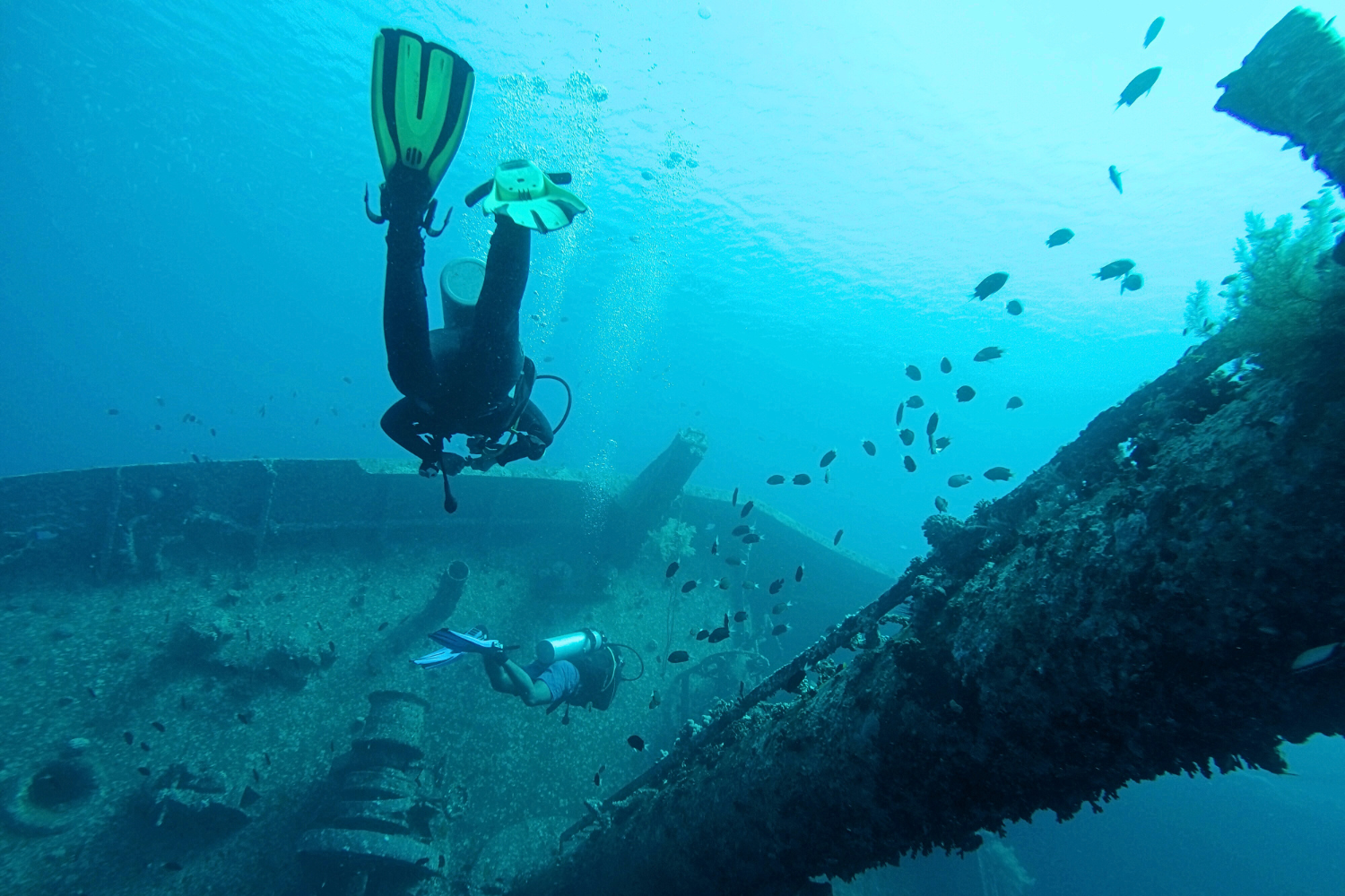 Travellers diving over shipwrecks in Aquba in Jordan