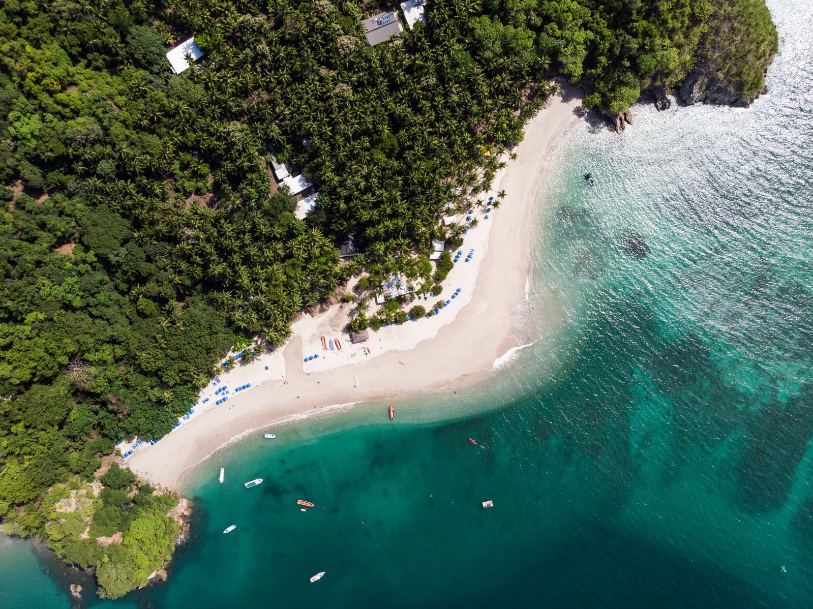 Birdseye view of La Isla Tortuga shoreline, Costa Rica