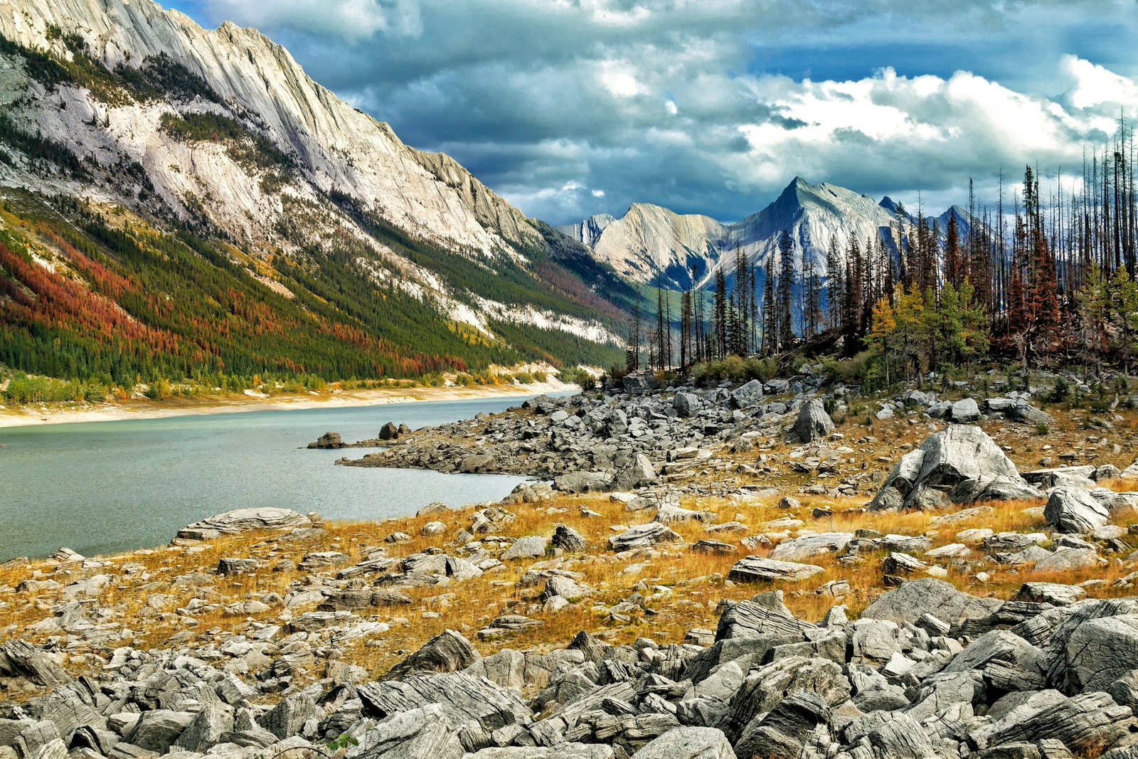 Autumn foliage with forest and red grass with rocks by the river and towering mountains under cloudy grey skies