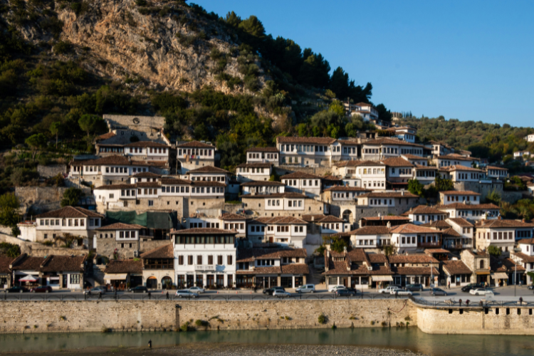 Landscape on Berat and it's iconic houses in the hills, giving it the name the city of a thousand windows, in Albania