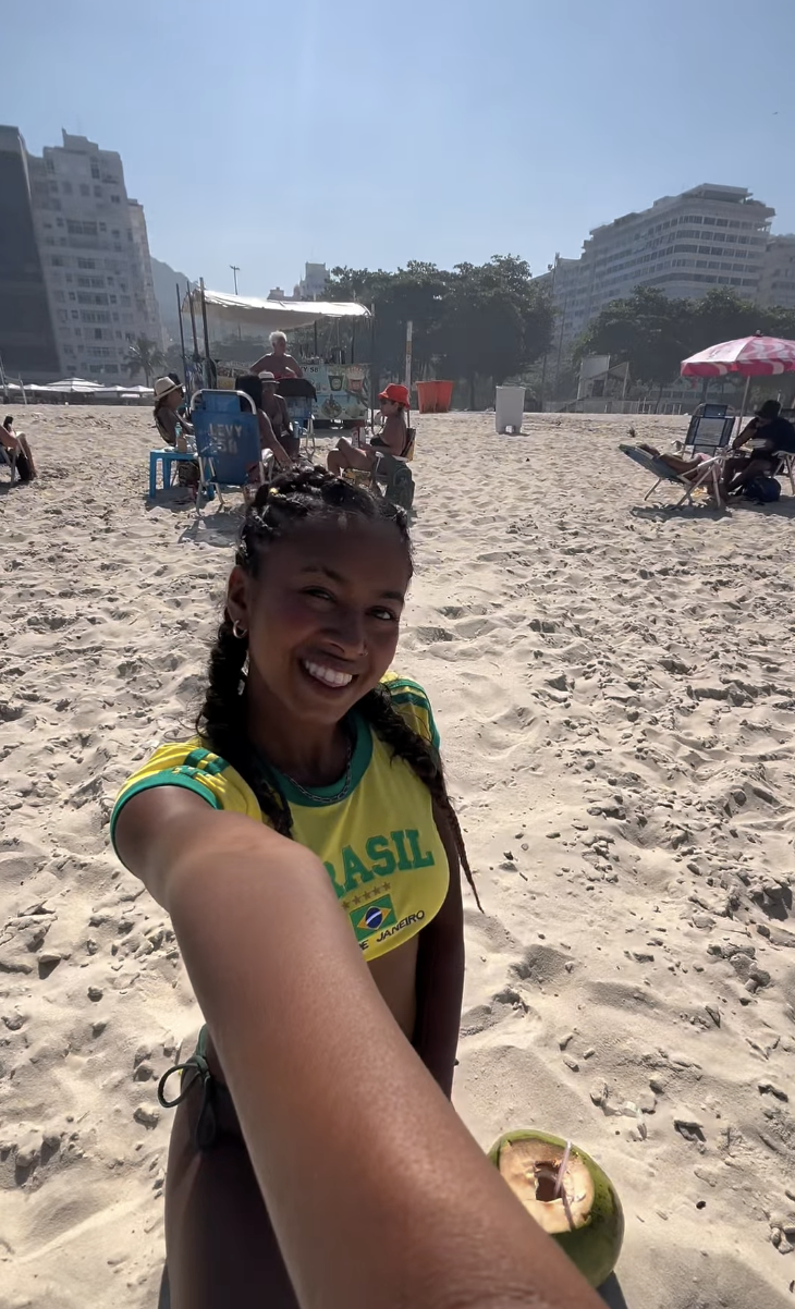Traveller on Copacabana Beach in Rio de Janeiro whilst travelling Brazil