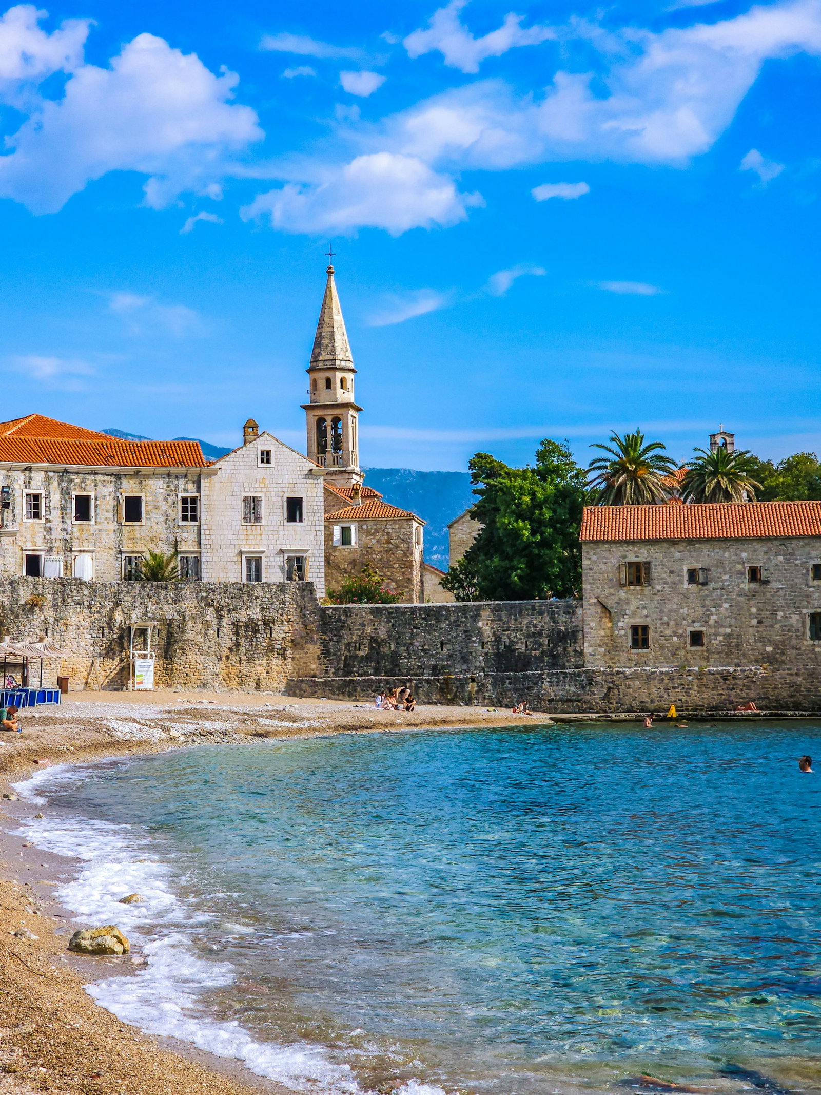 Beach and buildings in Budva Old Town Montenegro
