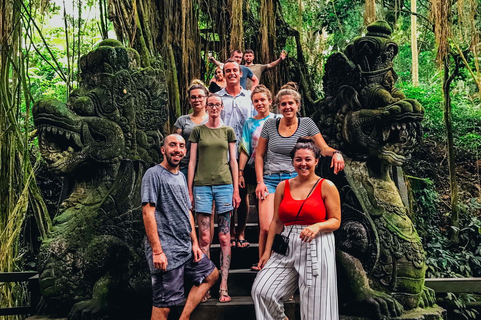 Group of travellers near bridge in Monkey Forest Ubud Bali