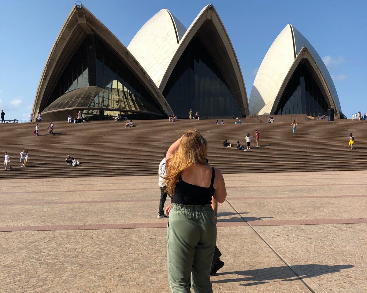 Travellers standing in front of the Sydney Opera House