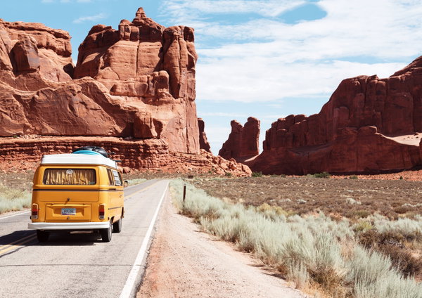 Campervan driving through Grand Canyon National Park, USA