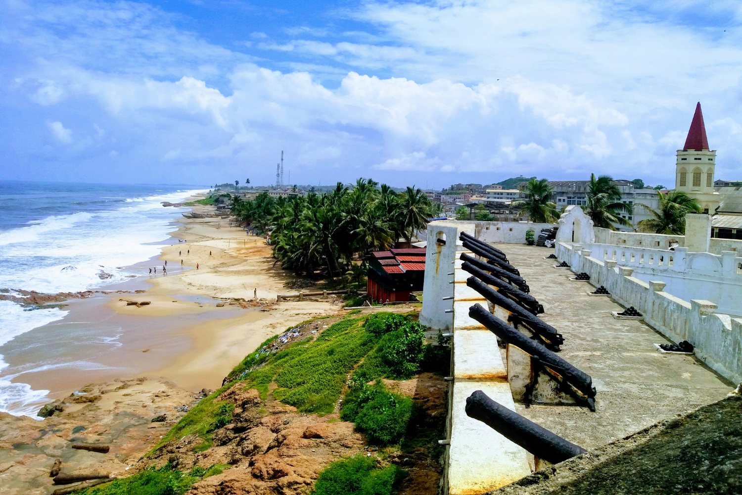 Cape Coast Castle overlooking Ghana's shoreline and ocean 