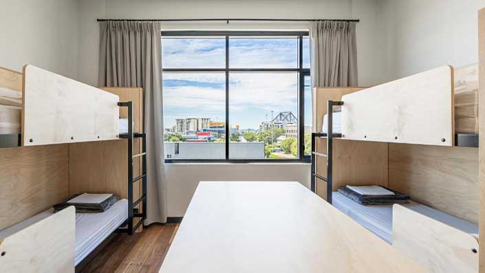 Bunk beds in hostel room in Brisbane