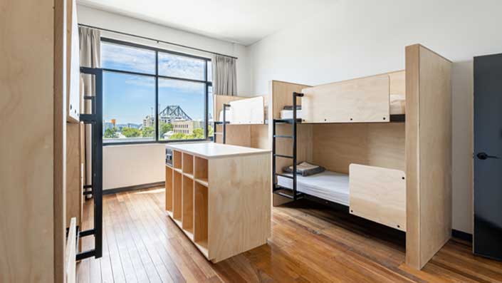 Bunk beds in hostel room in Brisbane