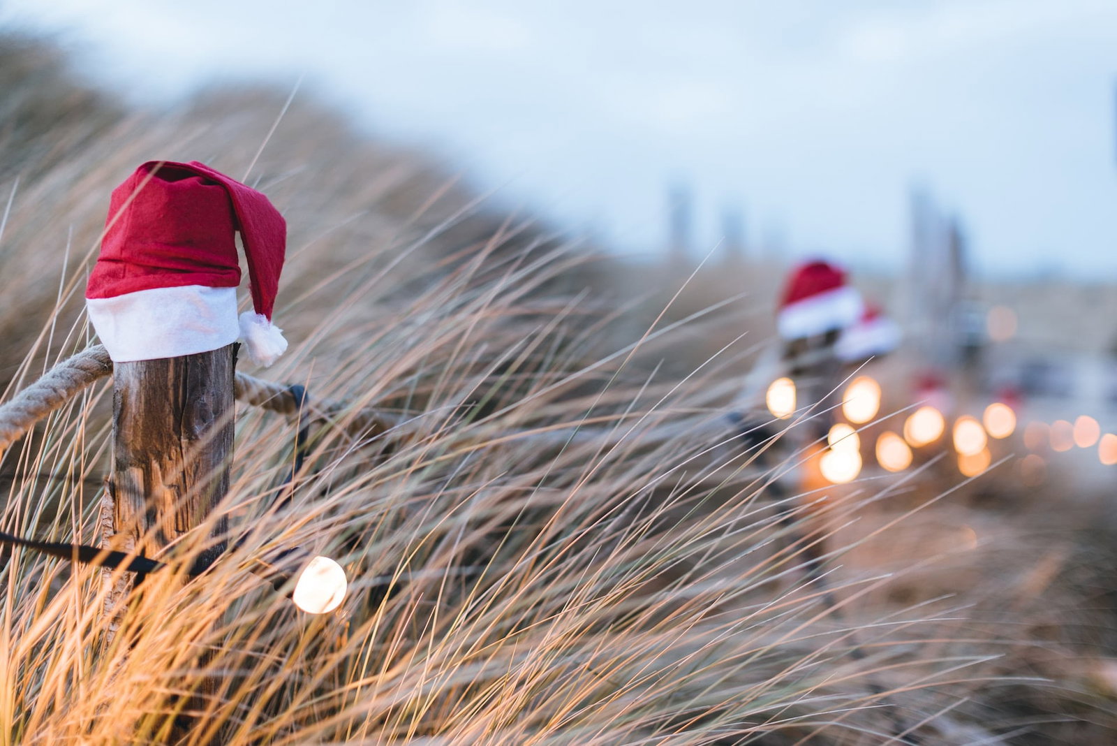 Santa hats on posts with fairy lights