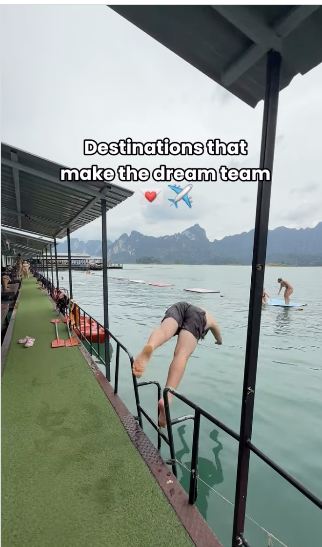 Destinations that make the dream team. Traveller diving into water at Khao Sok National Park in Thailand.