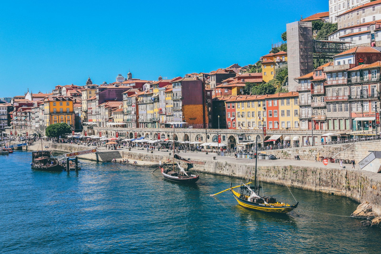 Douro River in the historic Ribeira District of Porto, Portugal