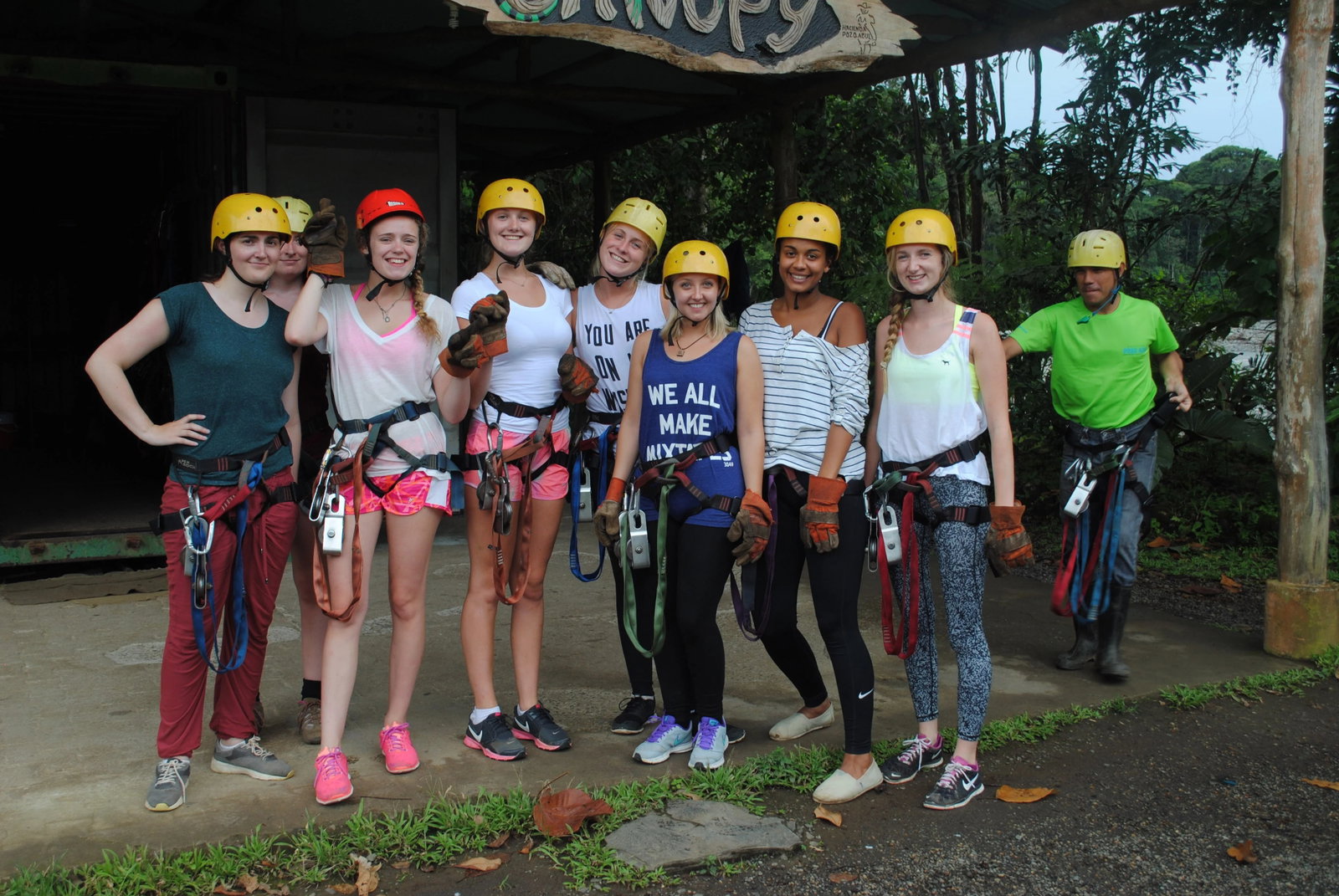 Travellers in zip-lining gear
