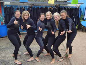 A group of travellers in wetsuits posing like they are surfing