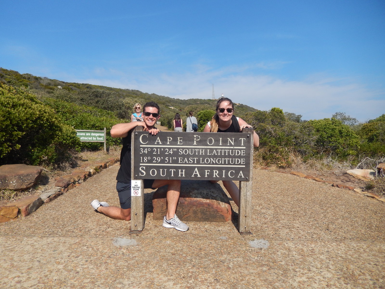 Two people behind Cape Point sign in Cape Town, South Africa 