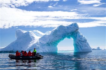 Travellers on Zodiac boat in Antarctica