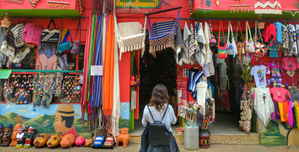 Traveller shopping in markets at Raquira, Colombia