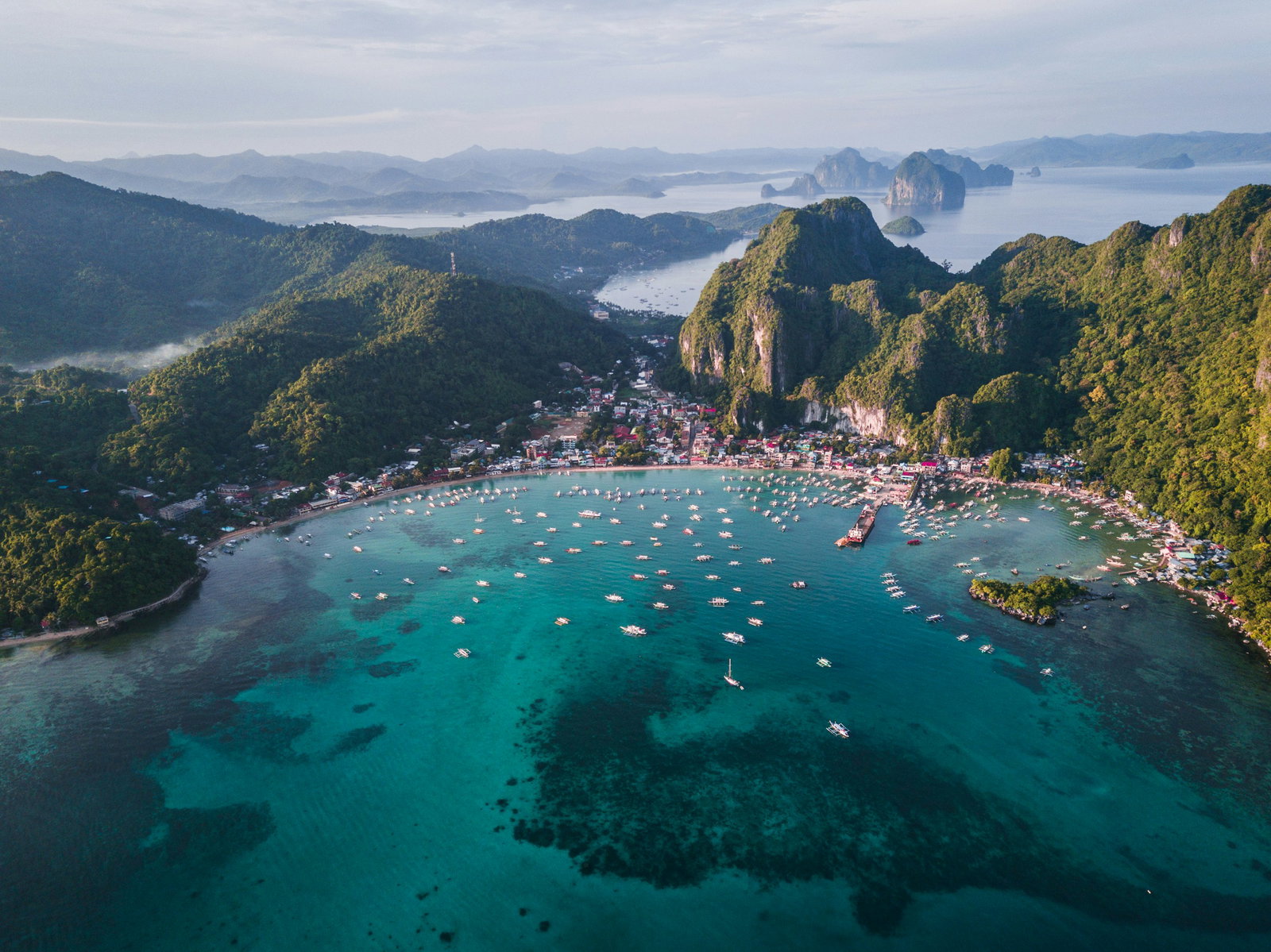 Aerial view of the bay of El Nido and surrounding islands in the Philippines