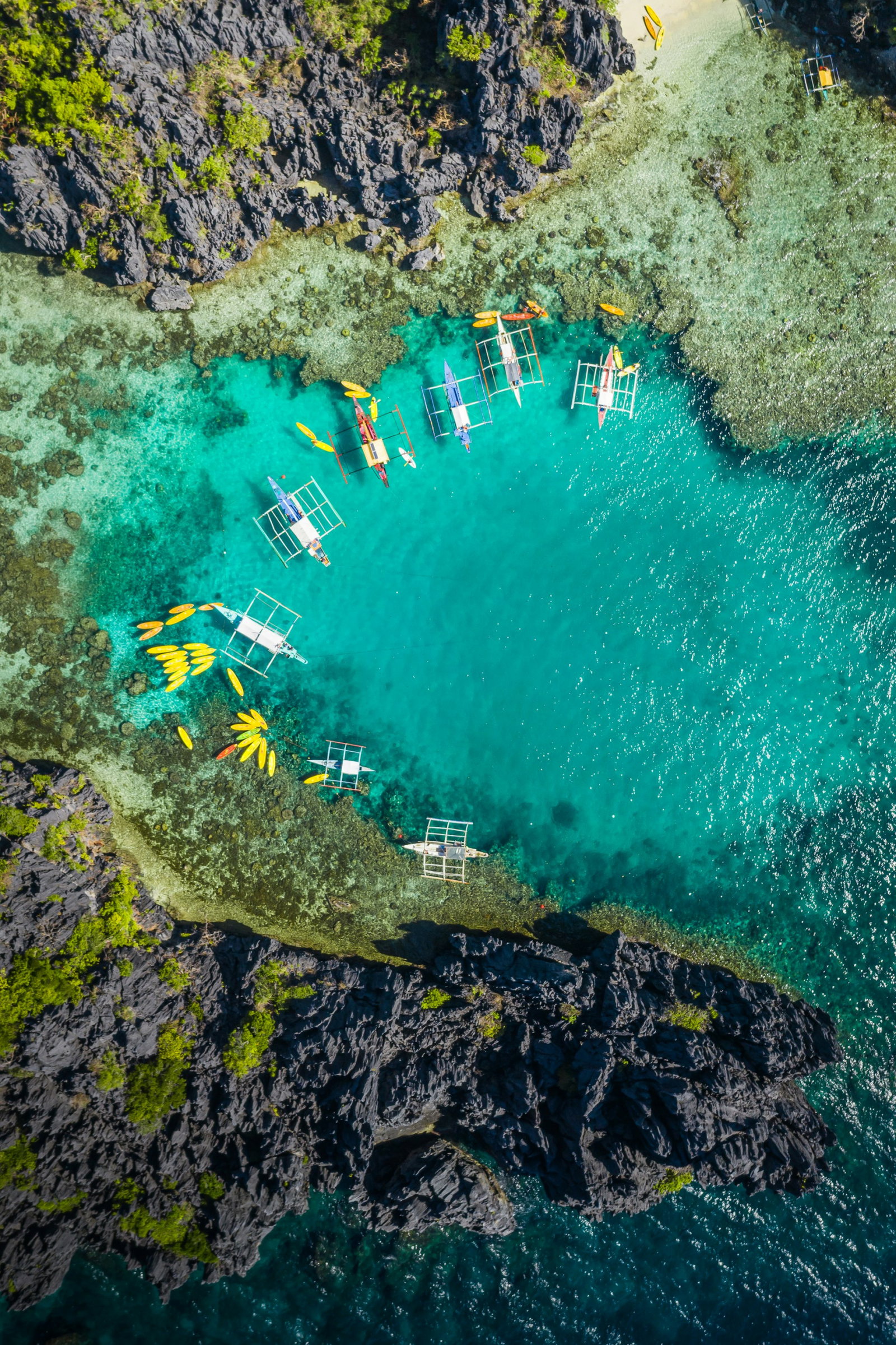 Aerial shot of turquoise ocean with traditional Filipino boats, algae in the water and surrounding grey cliffs, Philippines