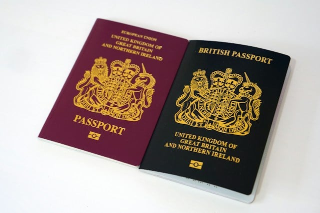 Red and blue british passports