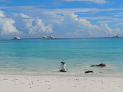 A traveller sits on a rock on a beach looking out at passing boats