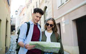 Two people looking at a map 