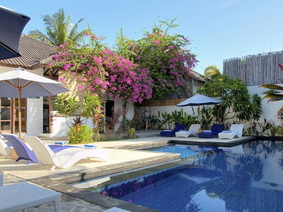 Accommodation pool and lounge chairs at Gili trawangan Indonesia
