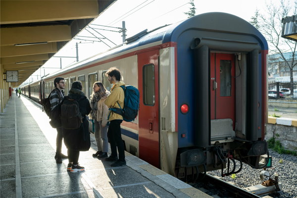 Group of travellers on interrailing trip in europe