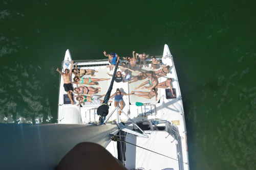 Aerial view of travellers on a boat