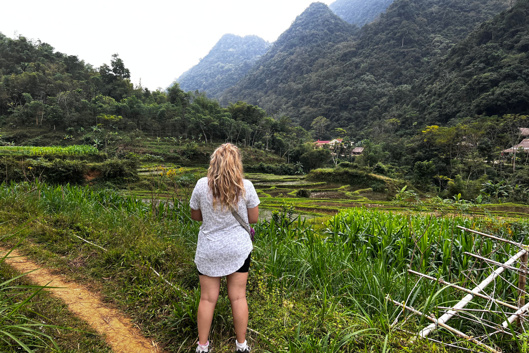 Traveller looking at Vietnam landscape 