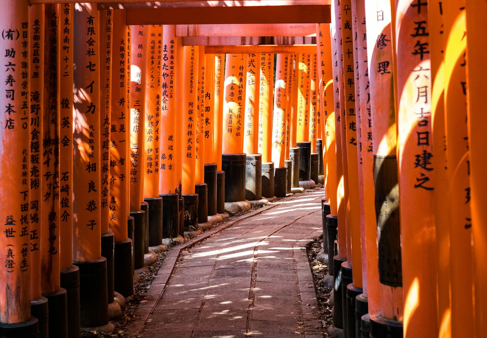 Orange Torii gates with Japanese calligraphy and stone path
