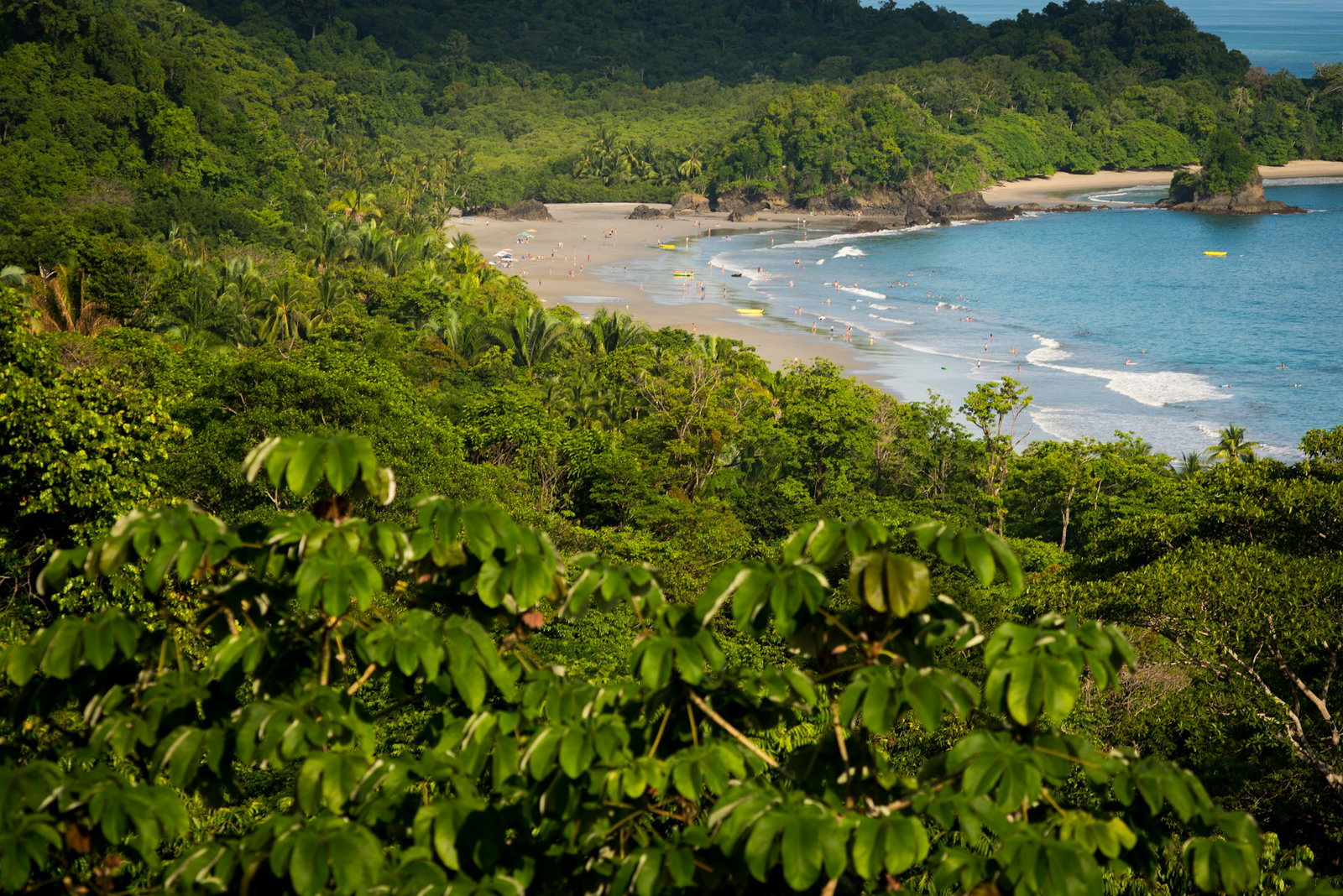 People enjoying secret beach surrounded by rich jungle forests with gentle blue sea to the right