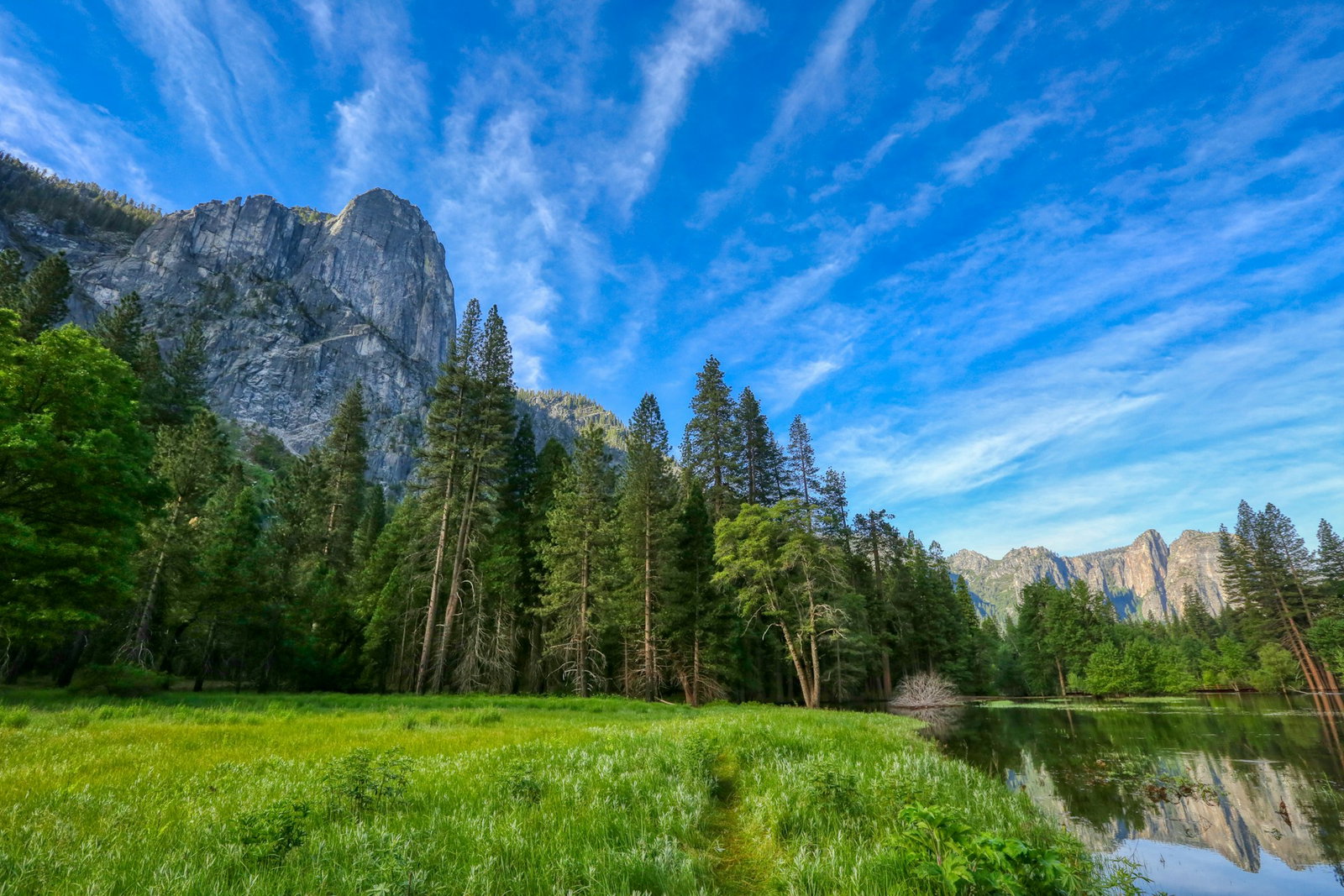 Beautiful landscape with bright blue sky, fresh green grass, a still lake, tall forest trees and high grey cliffs above