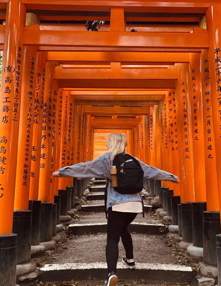 Group traveller walking through fushimi-inari shrine in Japan
