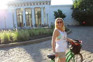 Georgia on a bike in front of Recoleta Cemetery, Buenos Aires